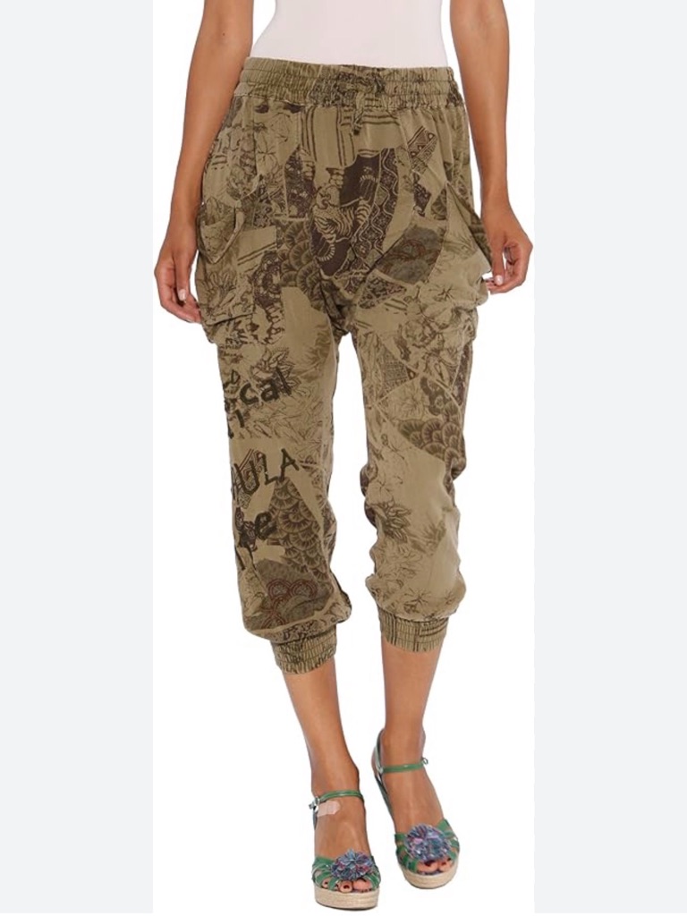 Desigual Printed Crop Pants In Olive Green